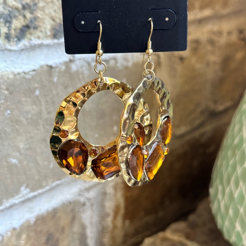 Gold Hammered Brown Gemstone Earrings - Picture 5 of 6